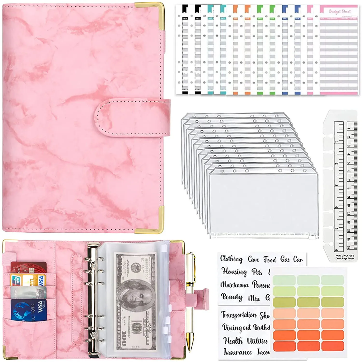 A6 PU Leather Budget Binder Notebook Cash Envelopes Planner with 12 Budget Sheets 12 Clear Zipper Pockets Folder,Label Stickers
A6 PU Leather Budget Binder Notebook Cash Envelopes Planner with 12 Budget Sheets 12 Clear Zipper Pockets Folder,Label Stickers