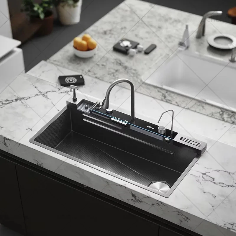 Hot selling Stainless Steel Waterfall Kitchen Sink With Knife Holder Digital Display Faucet Set Embossed Extra Large Single Slot
Hot selling Stainless Steel Waterfall Kitchen Sink With Knife Holder Digital Display Faucet Set Embossed Extra Large Single Slot