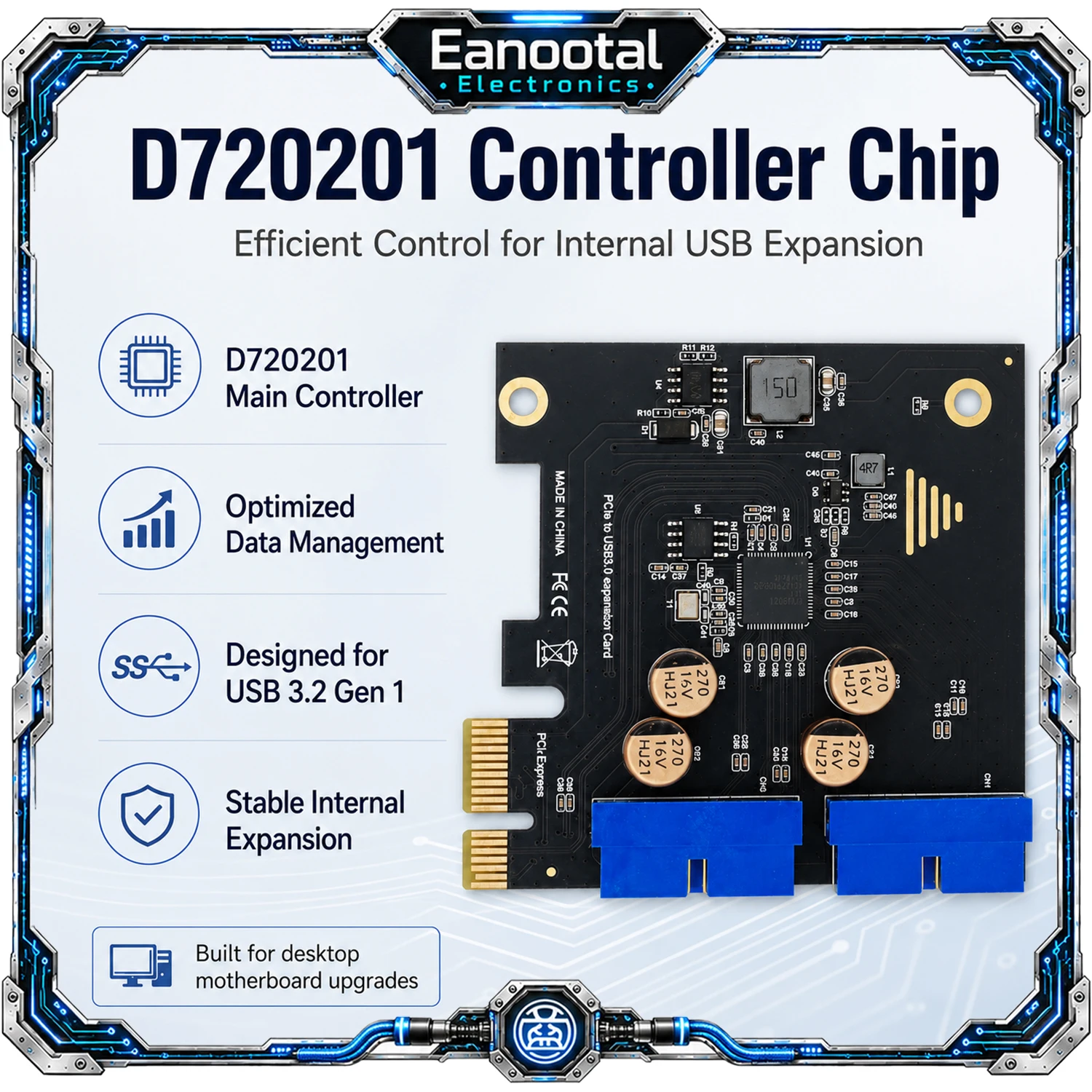 D720201 PCIe USB 3.0 Expansion Card Dual 19Pin Internal Header for PCIe x1 x4 x8 x16 Desktop PC