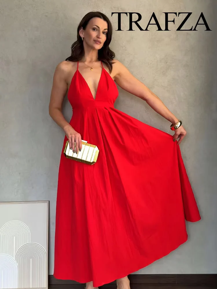 TRAFZA Woman Summer Fashion Solid Back Zipper V-Neck Lace-up Midi Dress Female Sexy Sleeveless Backless Pleated Decorate Dress
TRAFZA Woman Summer Fashion Solid Back Zipper V-Neck Lace-up Midi Dress Female Sexy Sleeveless Backless Pleated Decorate Dress
