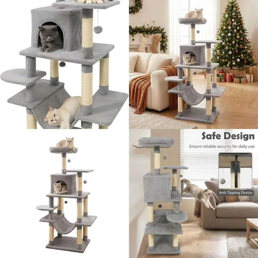 58 Multi-Level Cat Tower with Sisal Posts, Padded Perch, Condo, Hammock, Balls, and Platforms in Light Gray
58 Multi-Level Cat Tower with Sisal Posts, Padded Perch, Condo, Hammock, Balls, and Platforms in Light Gray