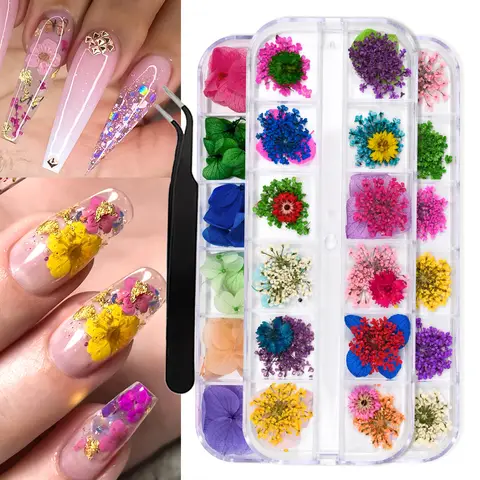 12 Roosters/Doos 3d Nail Mini Gedroogde Bloemen Stickerset Voor Nail Art Hars Ambacht Diy Echte Natuurlijke Droge Bloem Nail Art Decoratie Kit