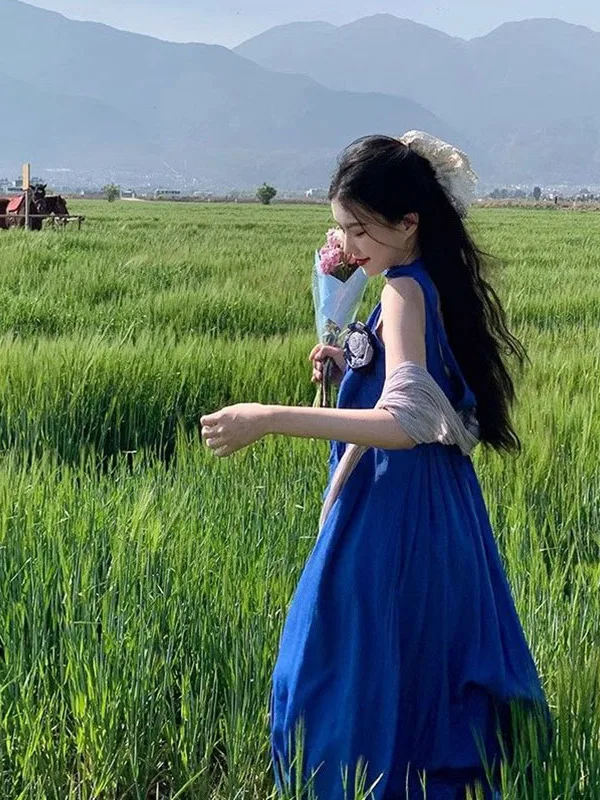 Klein Blue Beach Vacation Style Long Dress High Waist A-Line Silhouette Sleeveless Korean Commute Style Summer Ladies Dress
Klein Blue Beach Vacation Style Long Dress High Waist A-Line Silhouette Sleeveless Korean Commute Style Summer Ladies Dress
