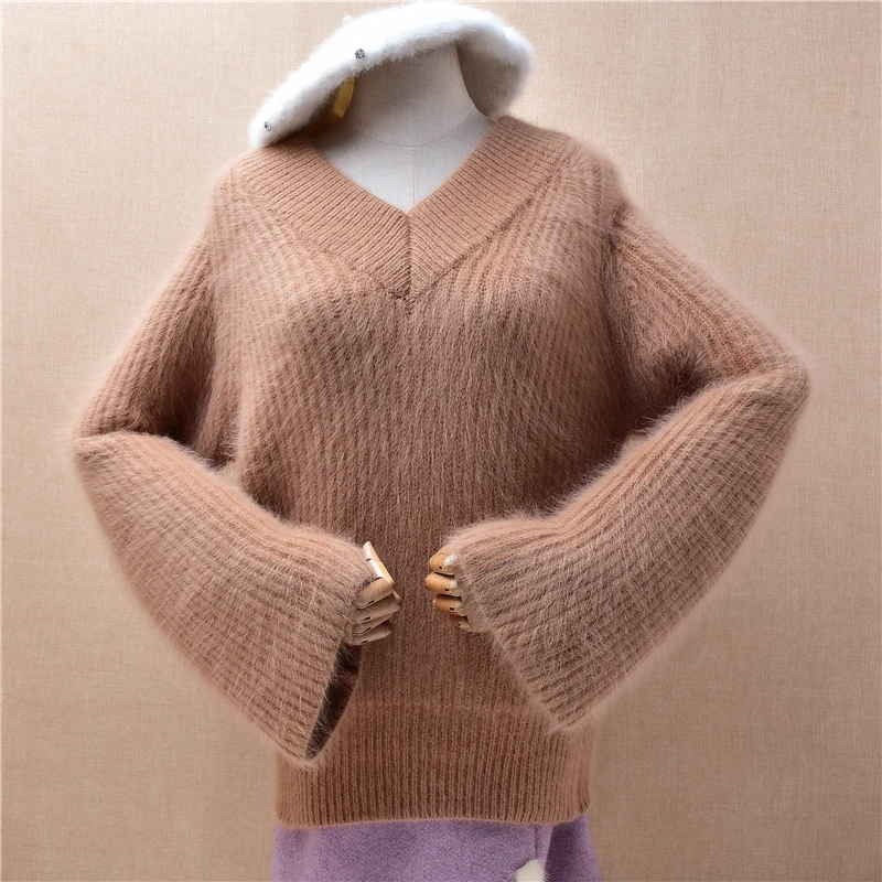 Korean Fashion Ladies Women Autumn Winter Hairy Angora Rabbit Hair Knitted V-Neck Long Flare Sleeves Loose Pullover Sweater Top
Korean Fashion Ladies Women Autumn Winter Hairy Angora Rabbit Hair Knitted V-Neck Long Flare Sleeves Loose Pullover Sweater Top