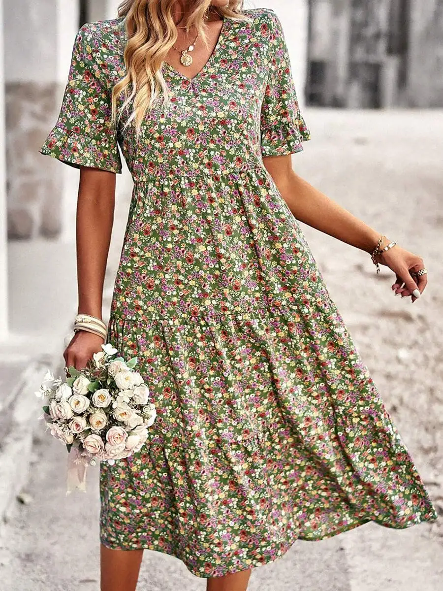 Women’s Green Tiny Floral Midi Dress V-Neck Short Flutter Sleeve Loose Summer Casual Lightweight Flowy Fit
Women’s Green Tiny Floral Midi Dress V-Neck Short Flutter Sleeve Loose Summer Casual Lightweight Flowy Fit