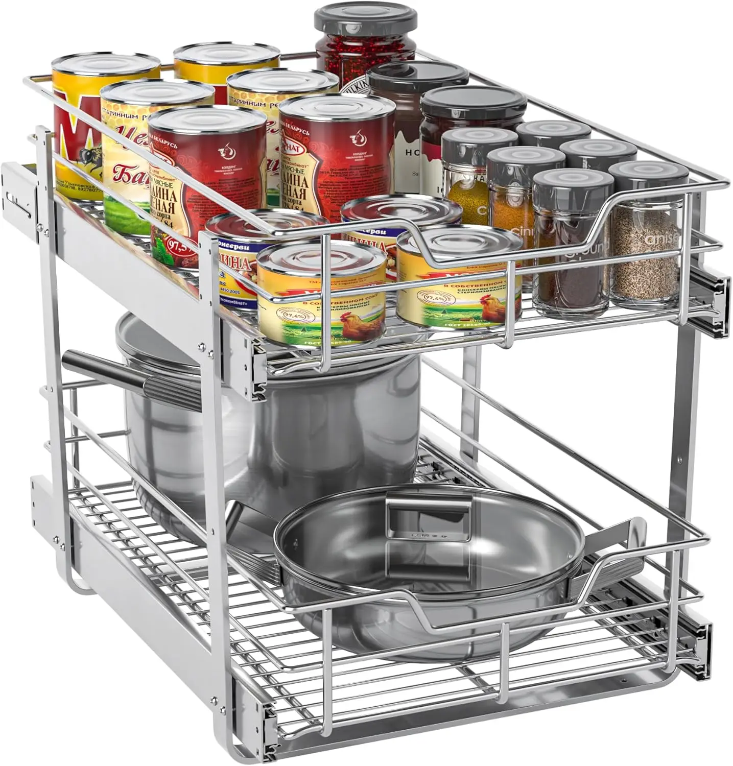 Pull Out Cabinet Organizer, 2-Tier Slide Out Kitchen Storage Basket, Heavy Duty Chrome, 17.75"W x 22"D
Pull Out Cabinet Organizer, 2-Tier Slide Out Kitchen Storage Basket, Heavy Duty Chrome, 17.75"W x 22"D