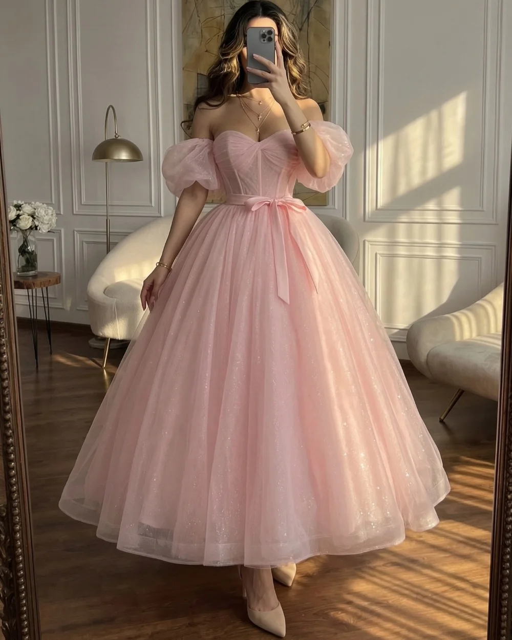 Customized Pastrol Elegant Tulle Pink Sequined Bow A-line Off-the-shoulder Ankle Length Evening Dresses for Woman
Customized Pastrol Elegant Tulle Pink Sequined Bow A-line Off-the-shoulder Ankle Length Evening Dresses for Woman