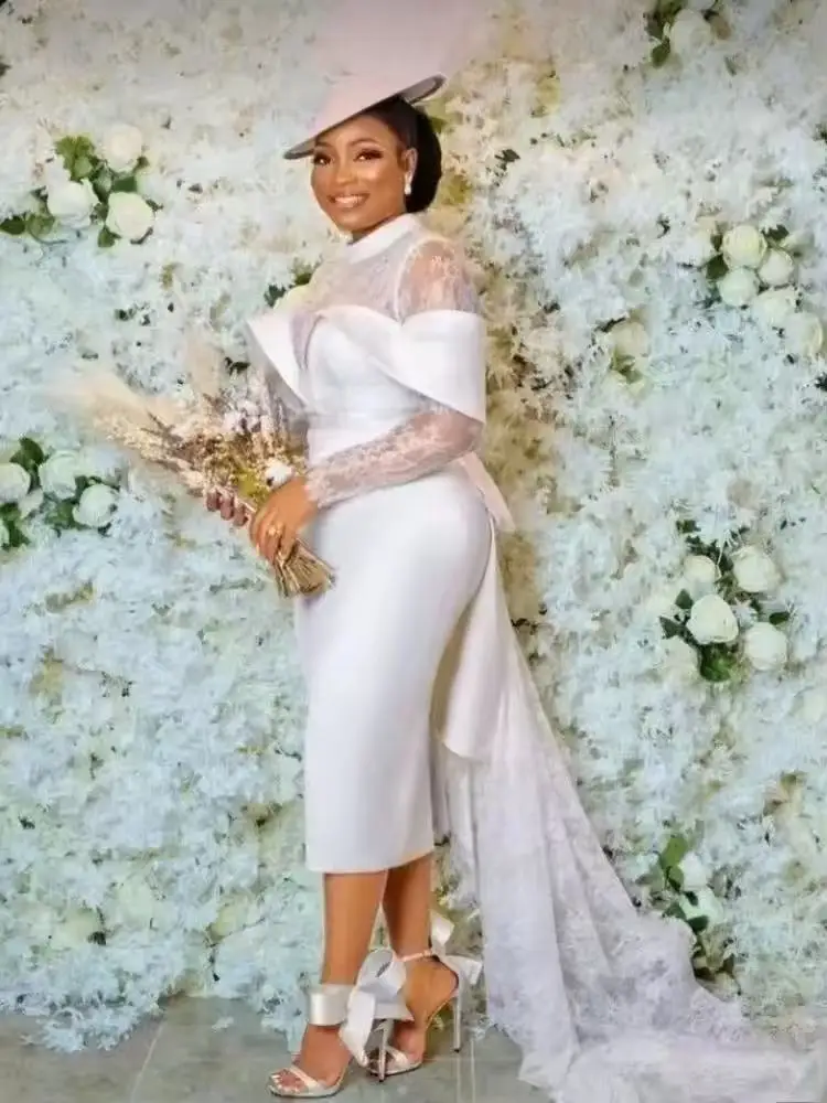 Customized White Short Wedding Dresses Mermaid Lace Long Sleeves Tea Length Satin Classic African Women Prom Bridal Party Gown
Customized White Short Wedding Dresses Mermaid Lace Long Sleeves Tea Length Satin Classic African Women Prom Bridal Party Gown