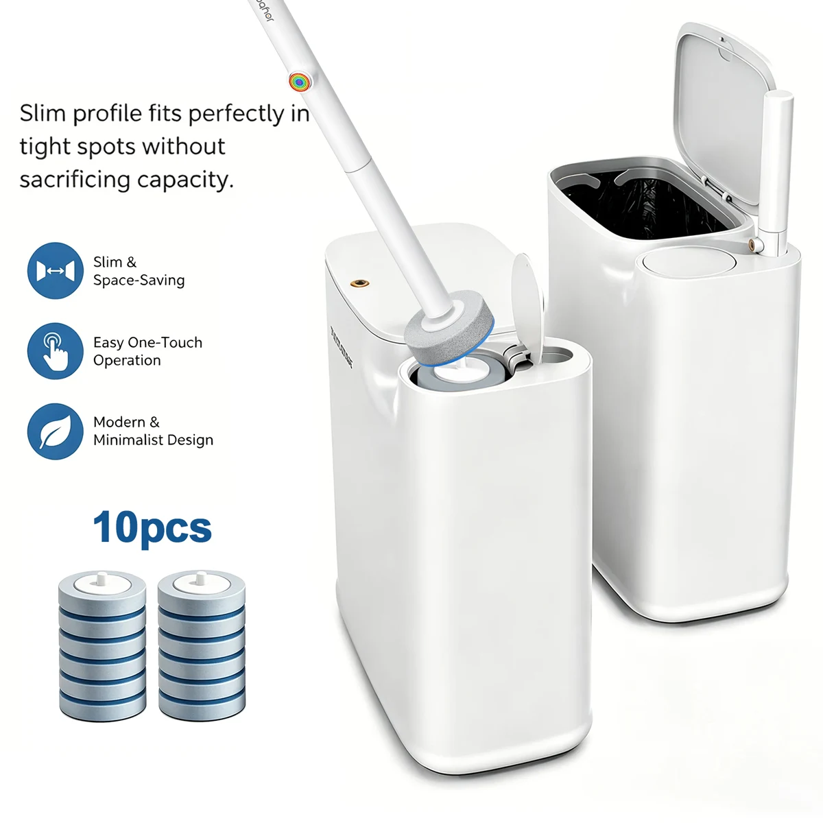A 2-in-1 set with a lid, equipped with a trash can and toilet brush, featuring 10 disposable toilet brushes. The trash can comes
A 2-in-1 set with a lid, equipped with a trash can and toilet brush, featuring 10 disposable toilet brushes. The trash can comes