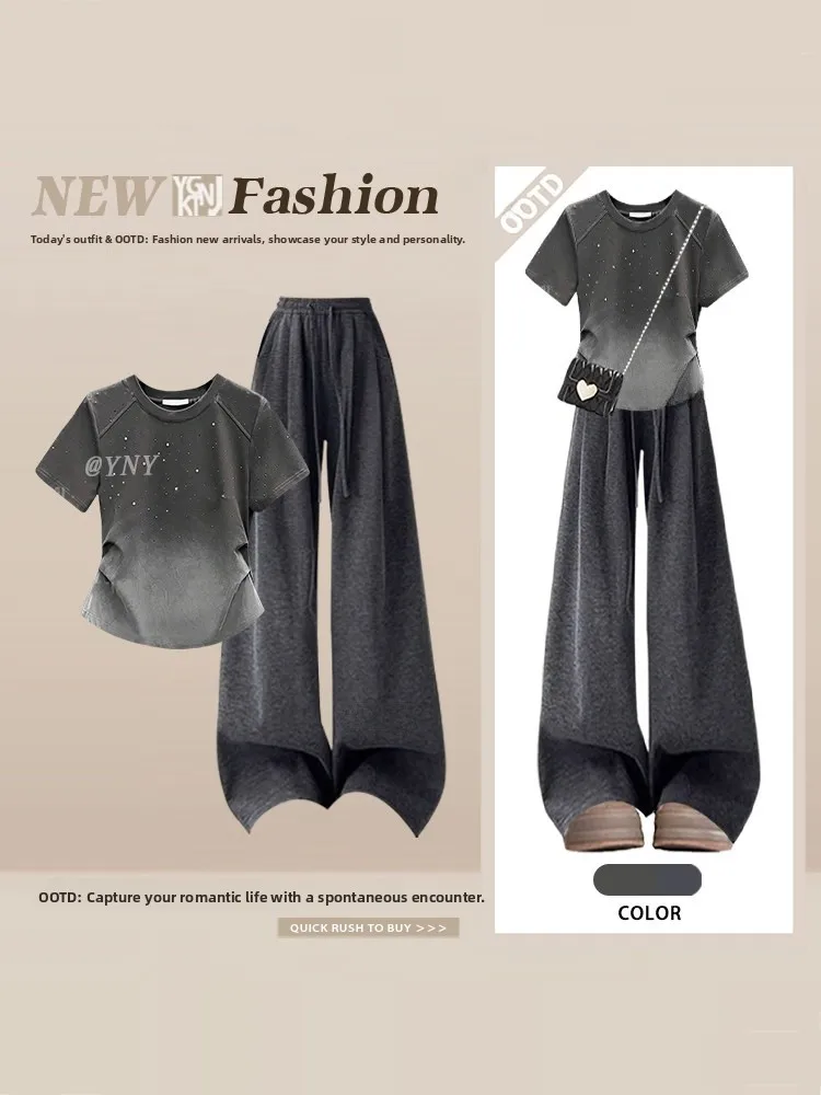 Casual Chic Gradient Diamond round Neck Short Sleeve T-Shirt Top Spring Summer Wide Leg Pants Drawstring Two Piece Set Women
Casual Chic Gradient Diamond round Neck Short Sleeve T-Shirt Top Spring Summer Wide Leg Pants Drawstring Two Piece Set Women