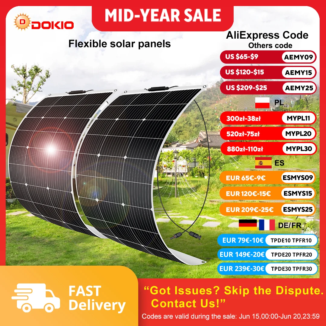 DOKIO 18V 200W/200W set Flexible Solar Panels Waterproof Monocrystalline Solar Panel Camping RV Home Charge 12V
DOKIO 18V 200W/200W set Flexible Solar Panels Waterproof Monocrystalline Solar Panel Camping RV Home Charge 12V