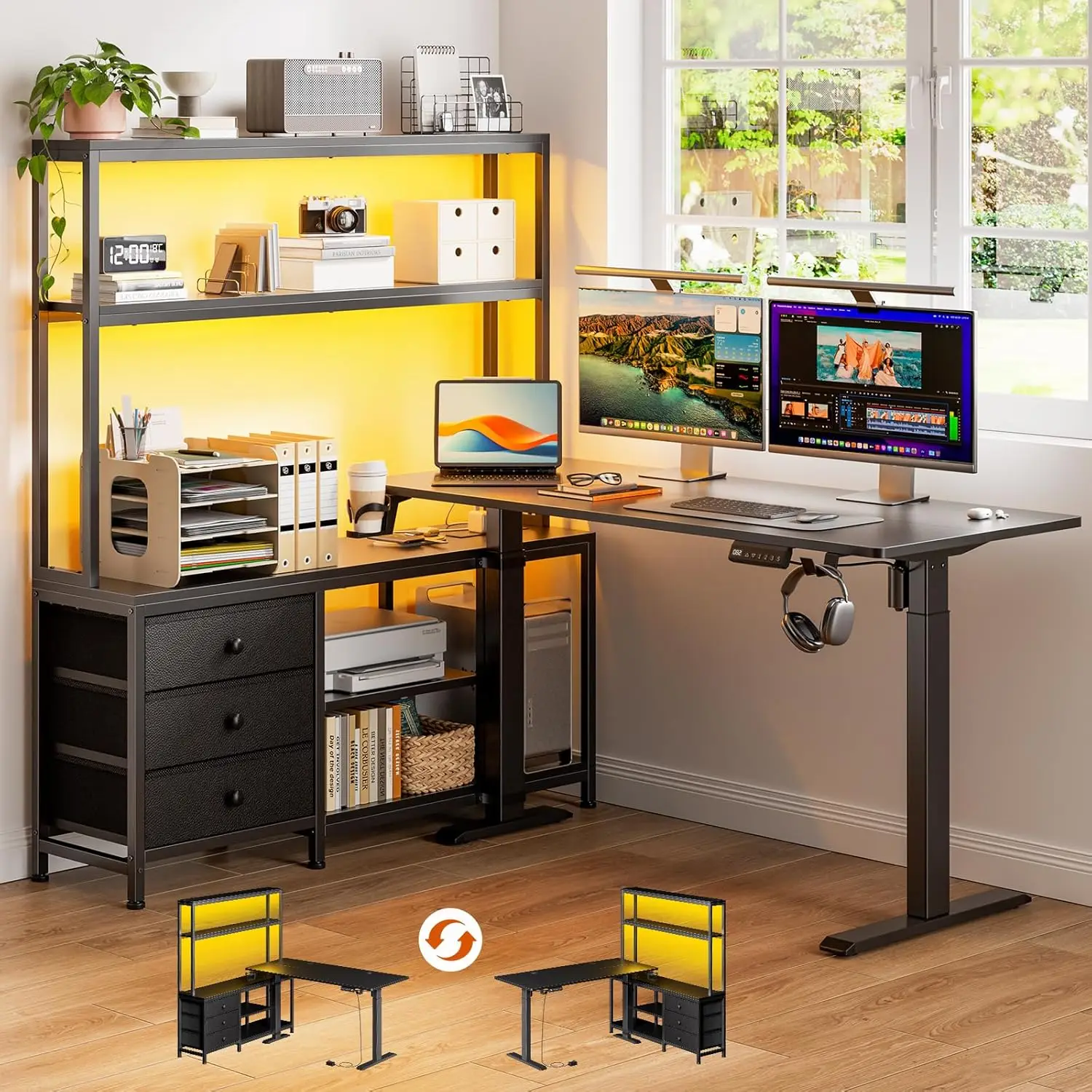 65" L Shaped Standing Desk with Storage, Height Adjustable Electric Sit Stand Up Desk with Hutch & Drawers,, Customized
65" L Shaped Standing Desk with Storage, Height Adjustable Electric Sit Stand Up Desk with Hutch & Drawers,, Customized