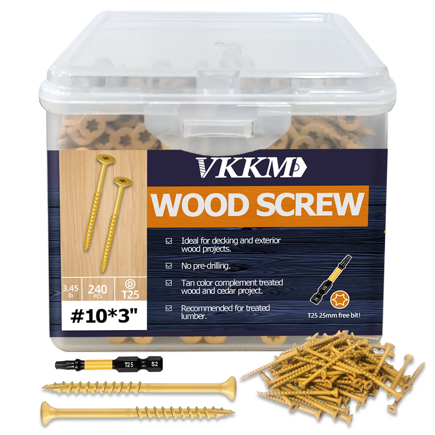 VKKM #10 x 3" (M4.8x76.2mm) Tan Exterior Deck Screws 240pcs, T25 Torx Star Drive Anti-Corrosion Carbon Steel Countersunk Flat Head Self-Tapping Screws for Decking, Fencing, Outdoor Wood Projects, with Free T25 Bit
VKKM #10 x 3" (M4.8x76.2mm) Tan Exterior Deck Screws 240pcs, T25 Torx Star Drive Anti-Corrosion Carbon Steel Countersunk Flat Head Self-Tapping Screws for Decking, Fencing, Outdoor Wood Projects, with Free T25 Bit