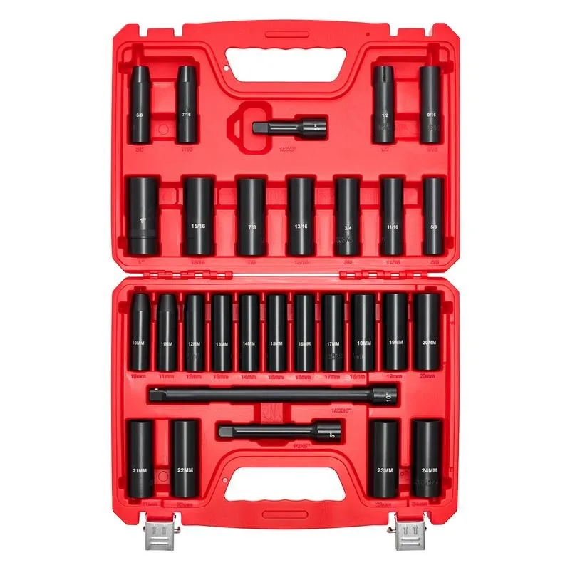 1/2 in Drive Impact Socket Set, 29 Piece, 6 Point Deep Impact Sockets, SAE (3/8 To 1 Inch) and Metric (10 To 24 Mm) Sizes with Extension Bars (3, 5, 10 in), Cr-V Steel, Heavy Duty Carrying Case
1/2 in Drive Impact Socket Set, 29 Piece, 6 Point Deep Impact Sockets, SAE (3/8 To 1 Inch) and Metric (10 To 24 Mm) Sizes with Extension Bars (3, 5, 10 in), Cr-V Steel, Heavy Duty Carrying Case