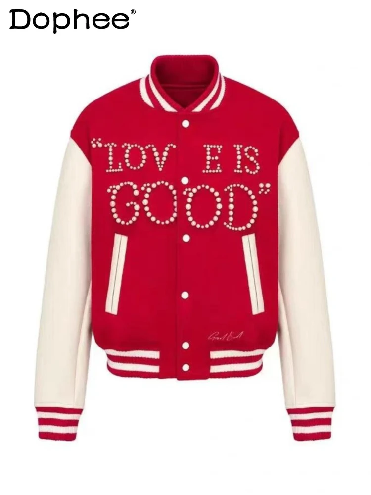 Men's Women's 2024 Autumn Baseball Jacket Pearl Trendy Jacket Embroidered Leather Splicing Stand-up Collar Loose Comfort Jackets
Men's Women's 2024 Autumn Baseball Jacket Pearl Trendy Jacket Embroidered Leather Splicing Stand-up Collar Loose Comfort Jackets