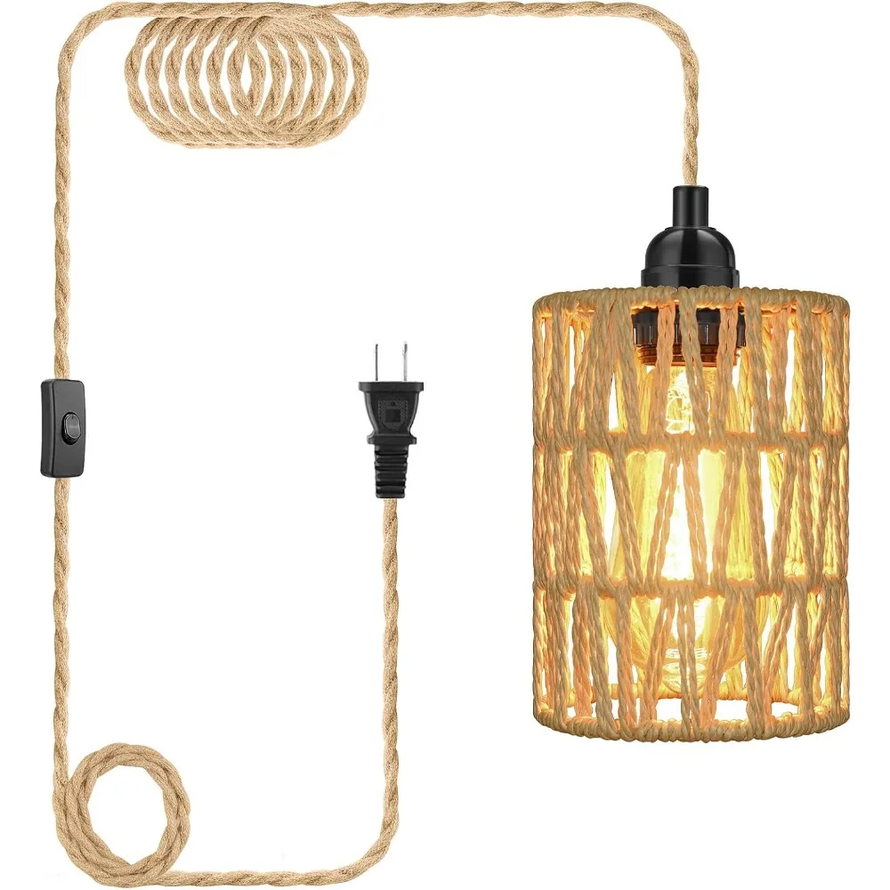 Boho Plug in Pendant Light Rattan Hanging Lamp with 4.5M Hemp Rope Plug in Cord Farmhouse Chandelier for Dining Room Living Room 
Boho Plug in Pendant Light Rattan Hanging Lamp with 4.5M Hemp Rope Plug in Cord Farmhouse Chandelier for Dining Room Living Room
