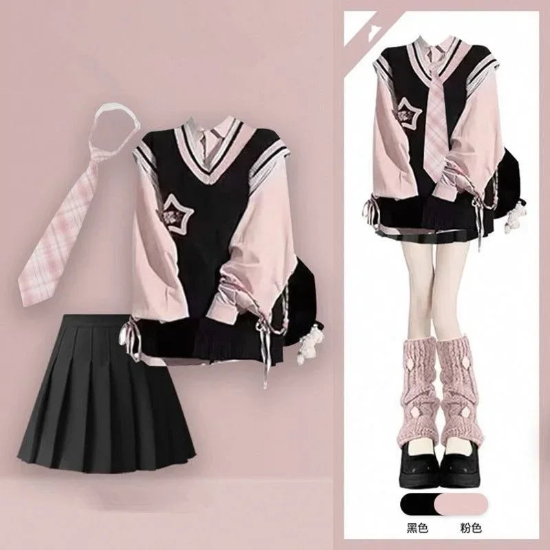 Preppy Style Spring Fall Pink Bandage Shirts Tie Knit Vest Mini Pleated Skirts Sets Women Loose Blouse Tank Tops Skirt Outfits
Preppy Style Spring Fall Pink Bandage Shirts Tie Knit Vest Mini Pleated Skirts Sets Women Loose Blouse Tank Tops Skirt Outfits