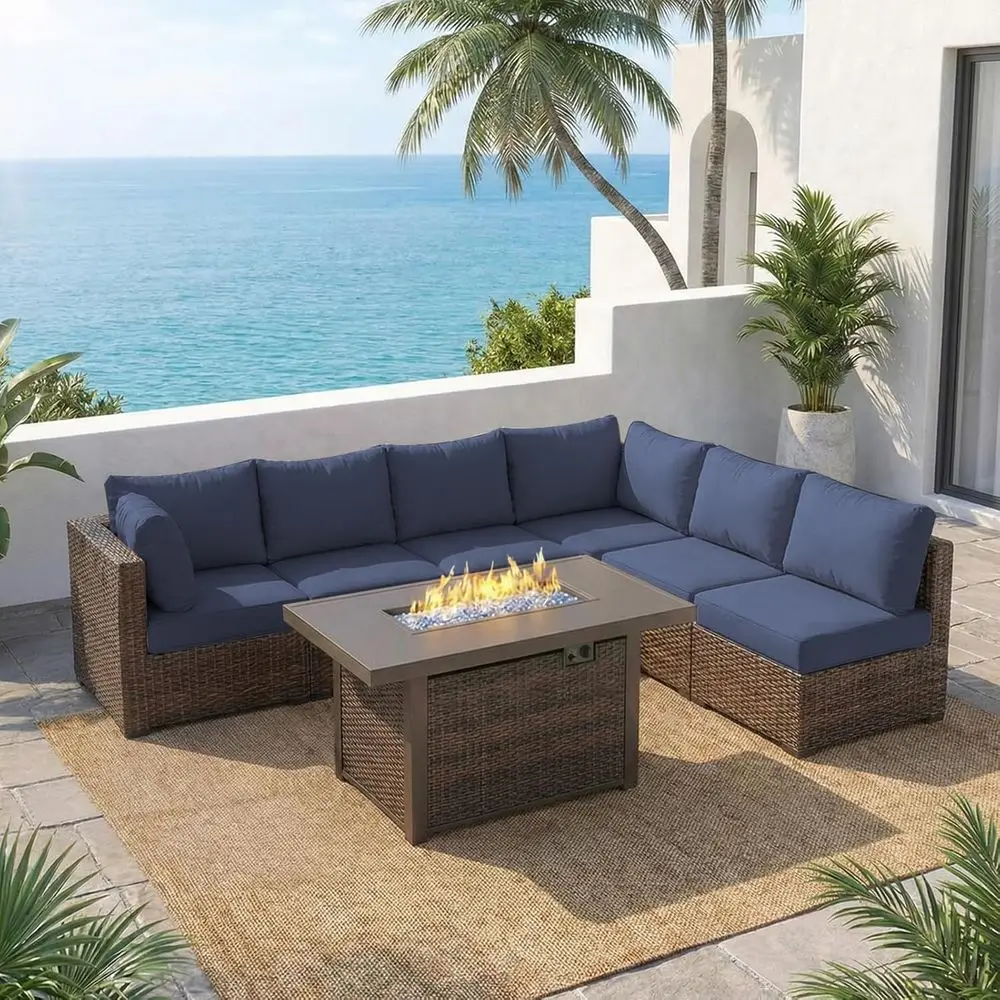 7-Piece Outdoor Patio Furniture Set with 42 Fire Pit, Wicker Sectional Sofa with Cushions, Blue
7-Piece Outdoor Patio Furniture Set with 42 Fire Pit, Wicker Sectional Sofa with Cushions, Blue