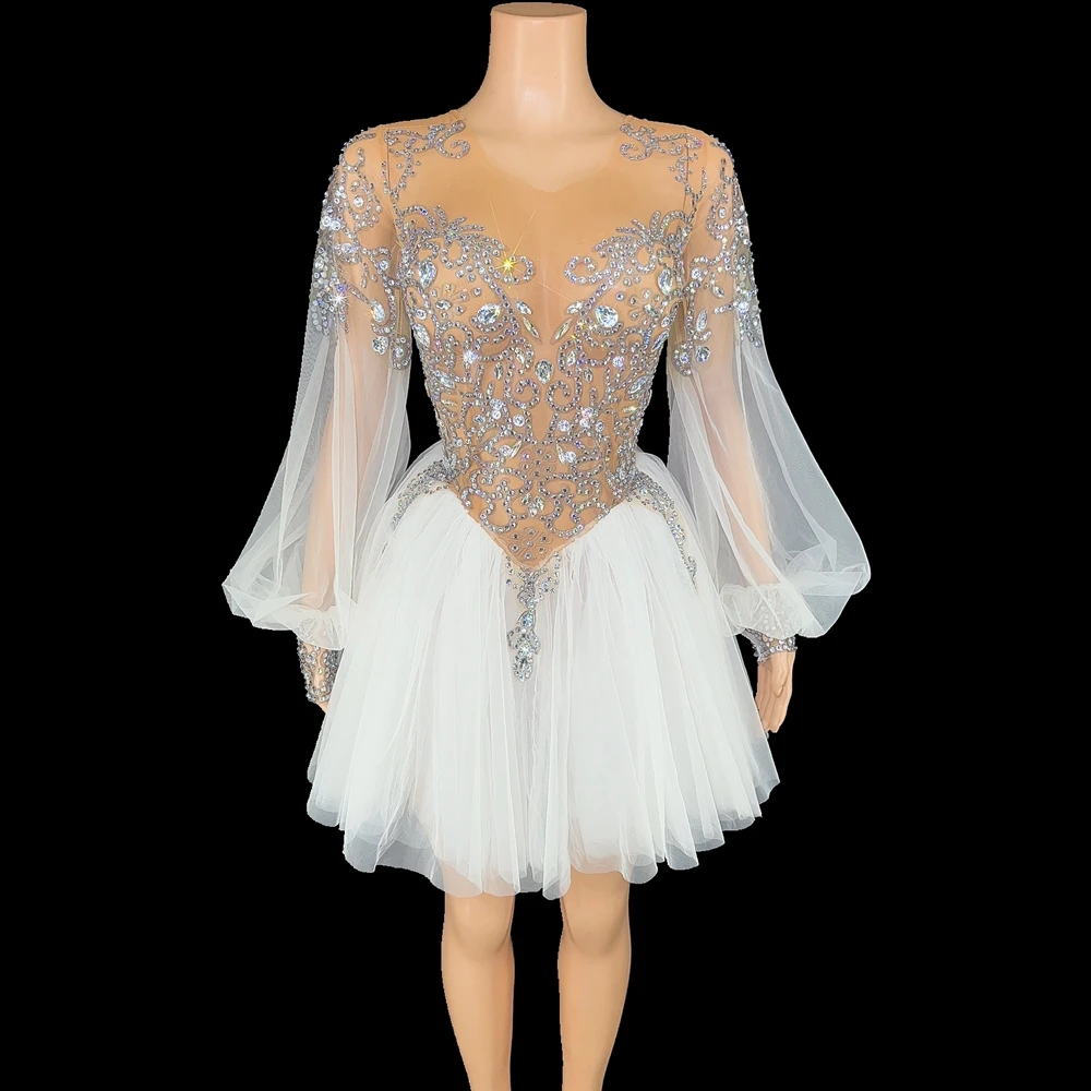 Elegant Tulle Skirt Sparkly Rhinestones Puff Sleeve Short Dress Women Celebrate Wedding Birthday Dress Performance Dance Costume
Elegant Tulle Skirt Sparkly Rhinestones Puff Sleeve Short Dress Women Celebrate Wedding Birthday Dress Performance Dance Costume