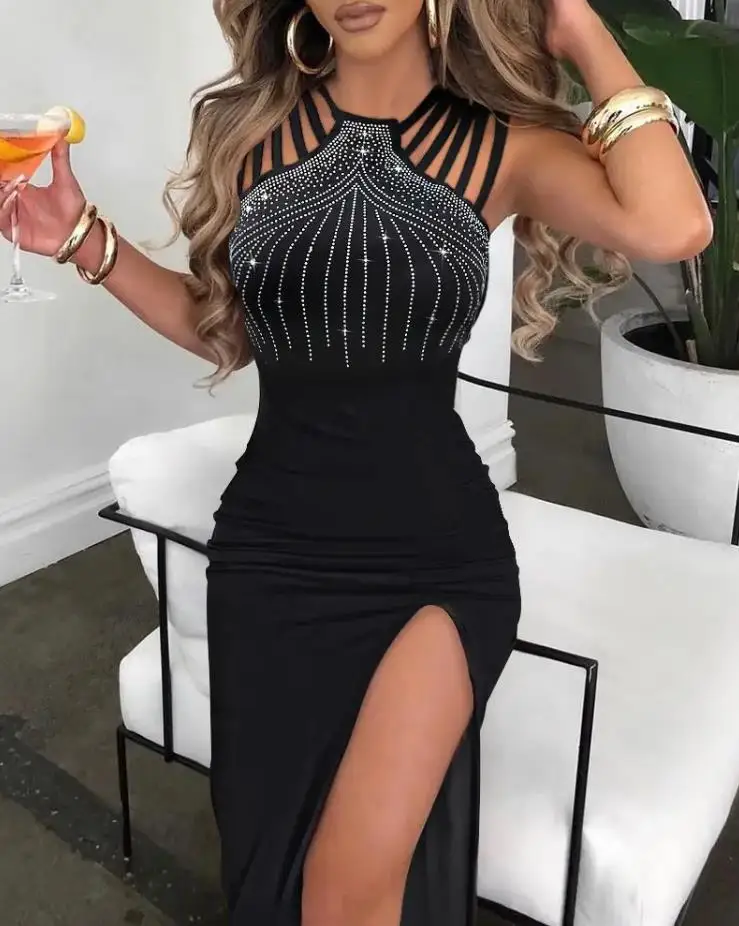 Women's Fashion Dress Rhinestone Decor Multi-Strap High Slit Dress Sexy Tight Hip Hugging Hollow Out Elegant Dress
Women's Fashion Dress Rhinestone Decor Multi-Strap High Slit Dress Sexy Tight Hip Hugging Hollow Out Elegant Dress