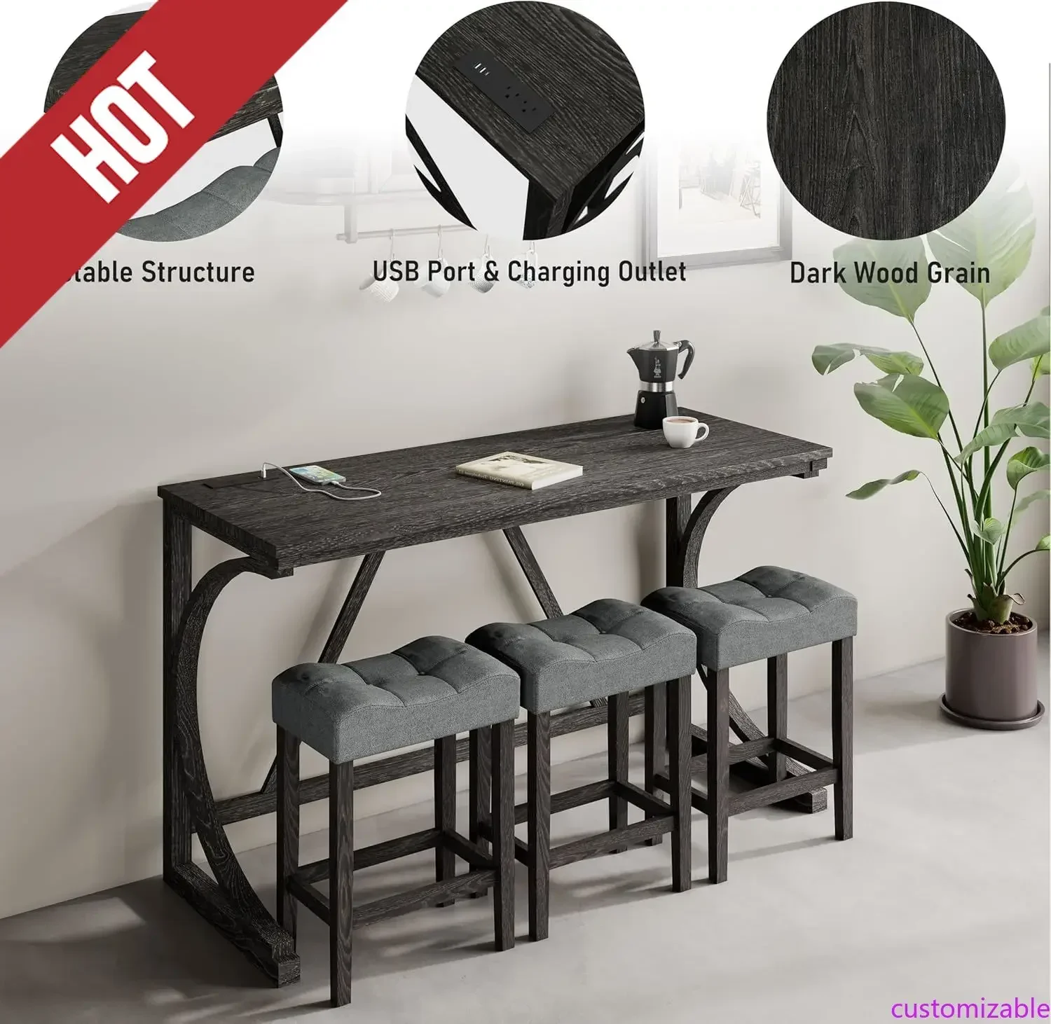 Настраиваемый комплект из 4 предметов: барный стол для стойки с розеткой и 3 барных стула с тканевой обивкой
Настраиваемый комплект из 4 предметов: барный стол для стойки с розеткой и 3 барных стула с тканевой обивкой