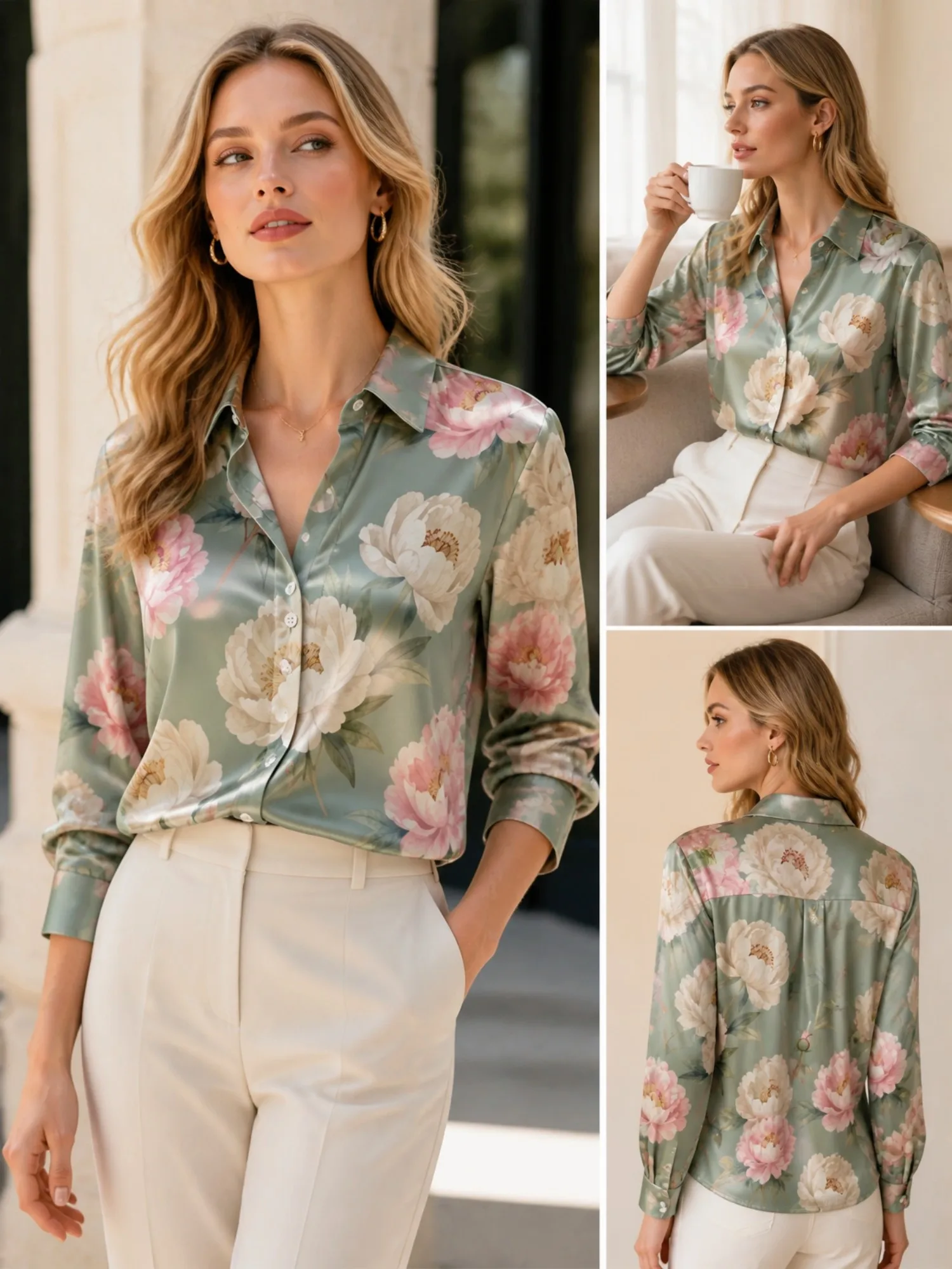 Sage Green Peony Satin Blouse for Women Long Sleeve Button Down Shirt Elegant Office Cafe Vacation Silky Top
Sage Green Peony Satin Blouse for Women Long Sleeve Button Down Shirt Elegant Office Cafe Vacation Silky Top