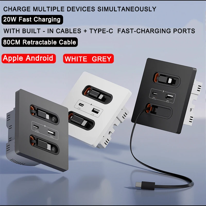 86-Type Switch Socket Panel White Universal Smart Socket With Telescopic Charging Line 20W Fast Charge Type-C USB Port for Phone
86-Type Switch Socket Panel White Universal Smart Socket With Telescopic Charging Line 20W Fast Charge Type-C USB Port for Phone