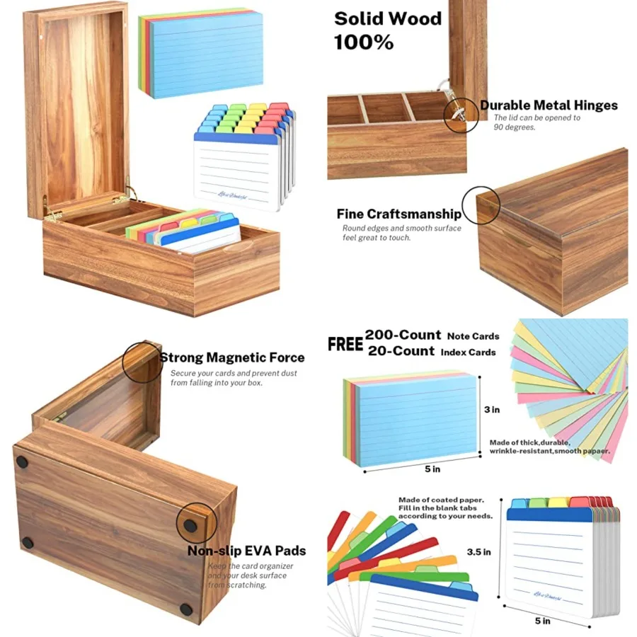 3x5 Index Card Organizer Box with Lid Acacia Wood Note Card Holder with 200 Cards and 20 Dividers, Holds 600 Cards, 4 Compartme
3x5 Index Card Organizer Box with Lid Acacia Wood Note Card Holder with 200 Cards and 20 Dividers, Holds 600 Cards, 4 Compartme
