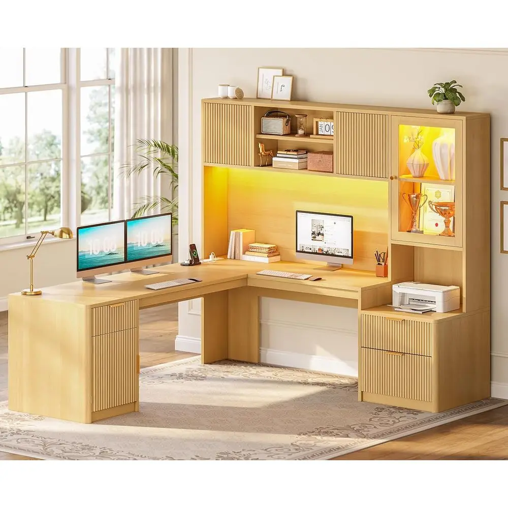 67 x 65 L-Shaped Desk with RGB LED, Power Outlets, Storage Cabinet, and Glass Display Shelf - Oak Finish for Home Office or Gami
67 x 65 L-Shaped Desk with RGB LED, Power Outlets, Storage Cabinet, and Glass Display Shelf - Oak Finish for Home Office or Gami