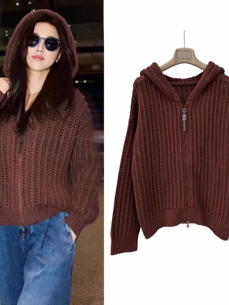 ZhuZhu Fashion Week Coffee Color Hooded Knitted Sweater Cardigan Women's Autumn Winter Lazy High-End Hollow out Knitwear
ZhuZhu Fashion Week Coffee Color Hooded Knitted Sweater Cardigan Women's Autumn Winter Lazy High-End Hollow out Knitwear