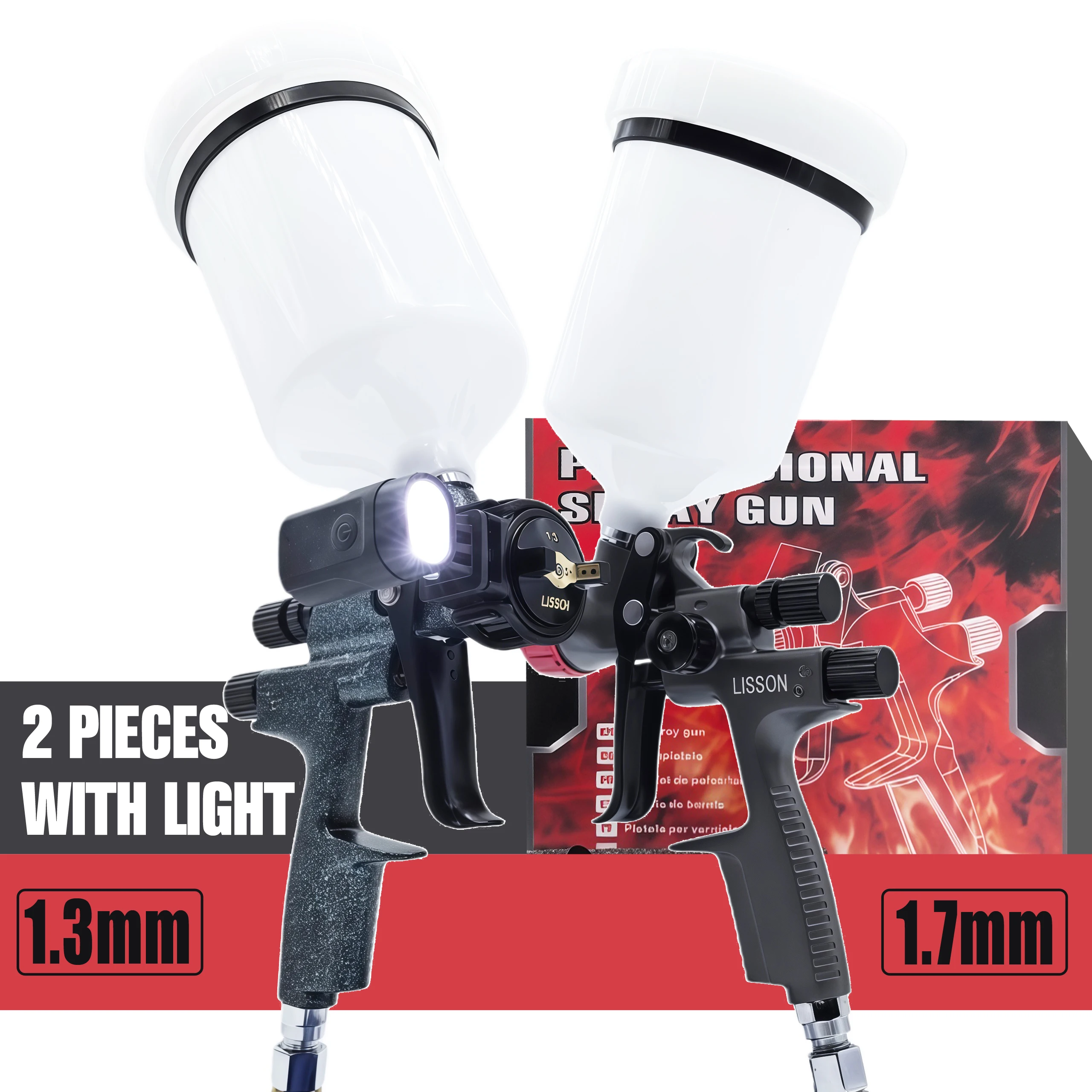2PCS HVLP 1.3mm & 1.7mm Spray Guns Set with LED Spray Light 600ml Cup, for Auto Body, Wood & Water-Based Paint
2PCS HVLP 1.3mm & 1.7mm Spray Guns Set with LED Spray Light 600ml Cup, for Auto Body, Wood & Water-Based Paint