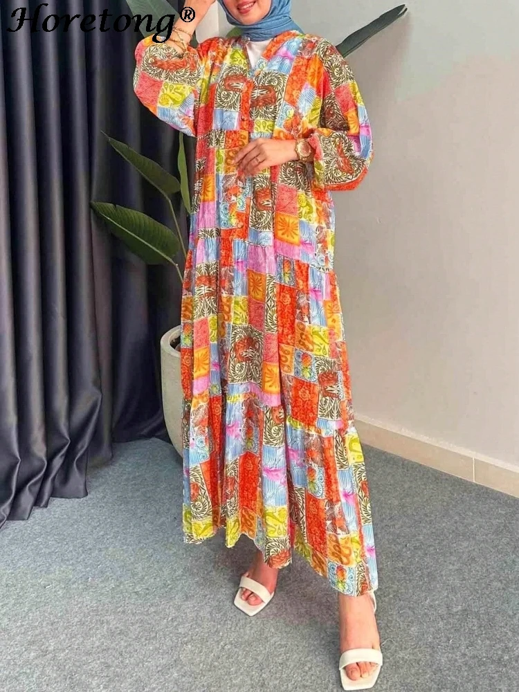 Horetong Summer Muslim Abaya Women Robe Colorful Patchwork Print V-Neck Lantern Sleeve Loose A-Line Modest Islamic Maxi Robe
Horetong Summer Muslim Abaya Women Robe Colorful Patchwork Print V-Neck Lantern Sleeve Loose A-Line Modest Islamic Maxi Robe