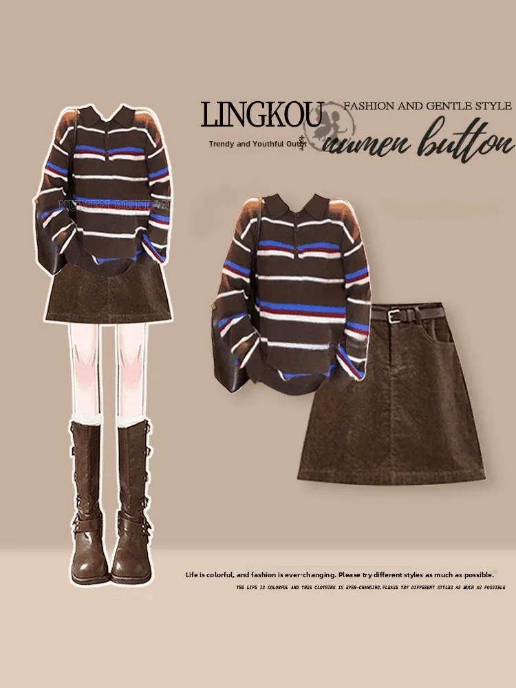 Fashionable Knitted Sweater And Retro Denim Short Skirt Set for Women Stripe Color Block Design Autumn Collection High Waist
Fashionable Knitted Sweater And Retro Denim Short Skirt Set for Women Stripe Color Block Design Autumn Collection High Waist
