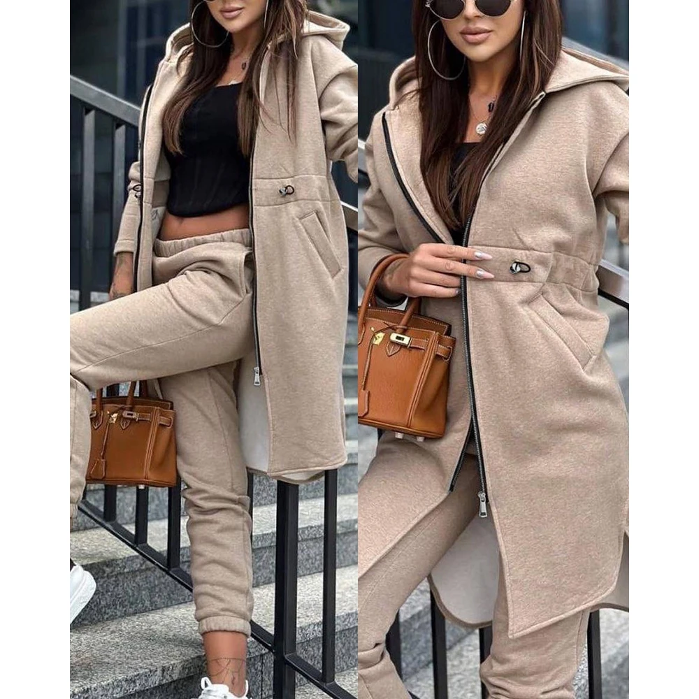 Women Causal Sporty 2Pcs Sets Autumn Zipper Solid Long Sleeve Longline Slim Waist Hooded Coat & Pencil Pants Set Two Pieces Set
Women Causal Sporty 2Pcs Sets Autumn Zipper Solid Long Sleeve Longline Slim Waist Hooded Coat & Pencil Pants Set Two Pieces Set