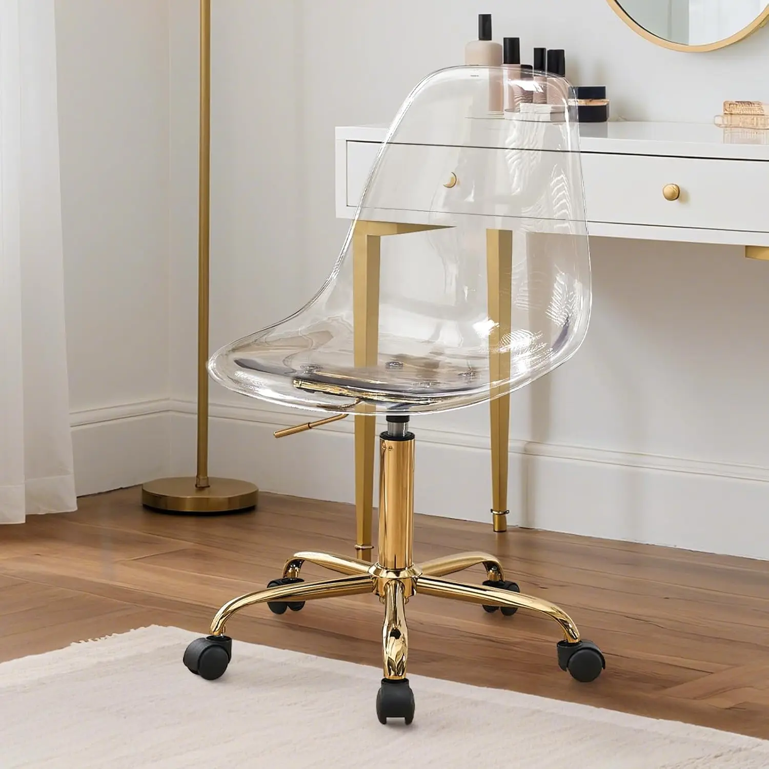 Clear Desk Chair,Modern Acrylic Chair With Five Star Base,Rolling Home Office Chair For Office,Home(Gold), Customized
Clear Desk Chair,Modern Acrylic Chair With Five Star Base,Rolling Home Office Chair For Office,Home(Gold), Customized