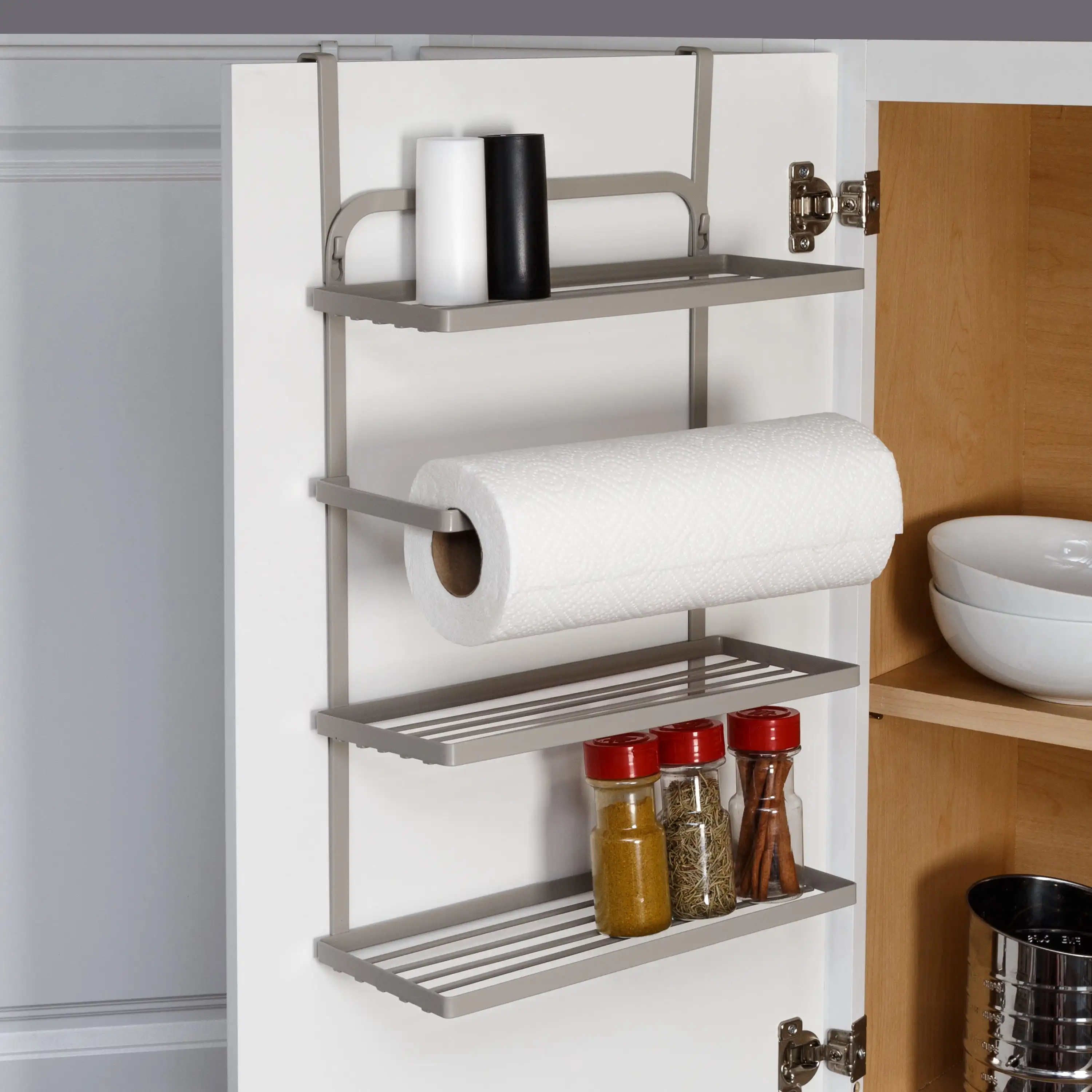 Steel Over-the-Door or Mounted 3-Tier Spice Rack Cabinet Organizer with Paper Towel Holder, Gray
Steel Over-the-Door or Mounted 3-Tier Spice Rack Cabinet Organizer with Paper Towel Holder, Gray
