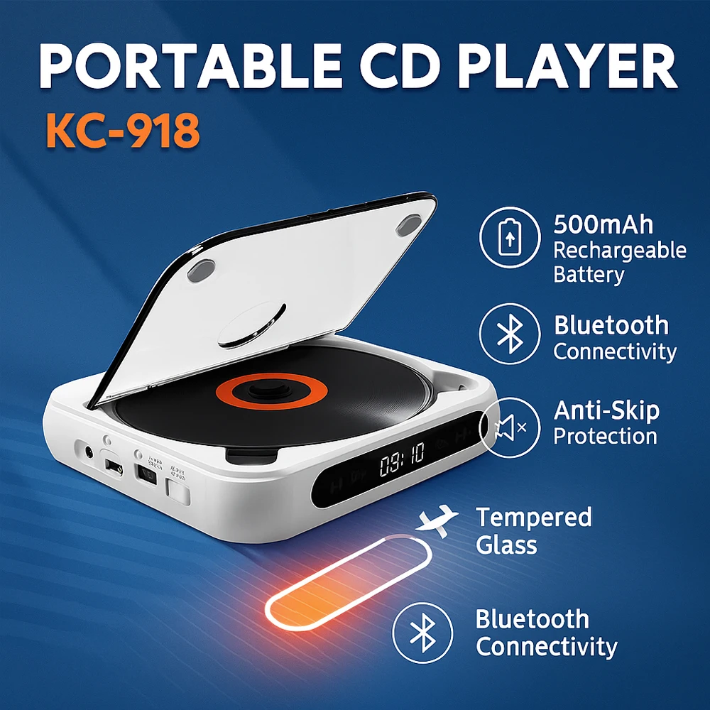 Portable CD Player With Bluetooth USB/TF/AUX Support 2000mAh Rechargeable Battery LCD Display-Model KC-918
Portable CD Player With Bluetooth USB/TF/AUX Support 2000mAh Rechargeable Battery LCD Display-Model KC-918