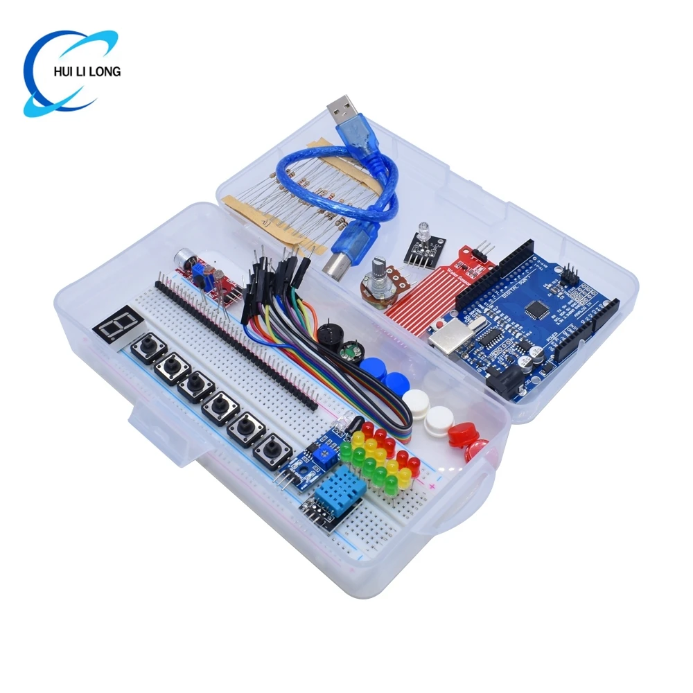Starter Kit for Arduino Uno R3 Breadboard Basic simple learning kit, sound/water level/humidity/distance detection, LED control
Starter Kit for Arduino Uno R3 Breadboard Basic simple learning kit, sound/water level/humidity/distance detection, LED control