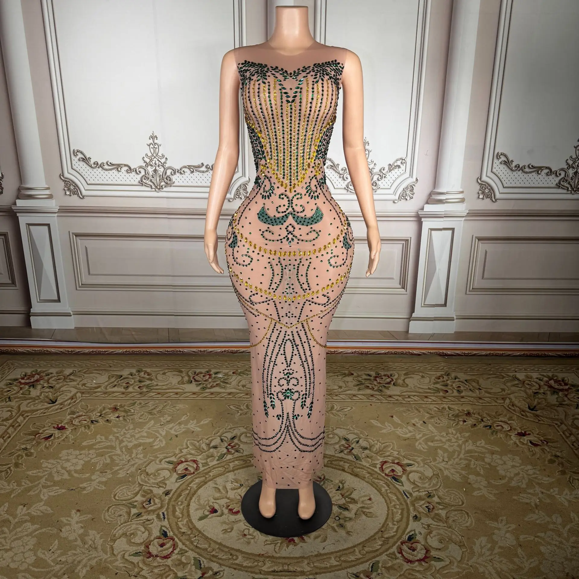Colorful rhinestone printed nude sexy see-through sleeveless midriff-length dress - birthday party banquet hostess evening gown
Colorful rhinestone printed nude sexy see-through sleeveless midriff-length dress - birthday party banquet hostess evening gown