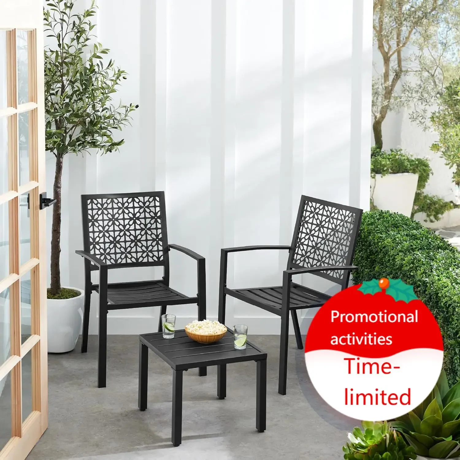 3-Piece Outdoor Bistro Set, Stackable Modern Steel Furniture for Porch, Garden w/ 2 Chairs, Table, Geometric Decor - Black
3-Piece Outdoor Bistro Set, Stackable Modern Steel Furniture for Porch, Garden w/ 2 Chairs, Table, Geometric Decor - Black