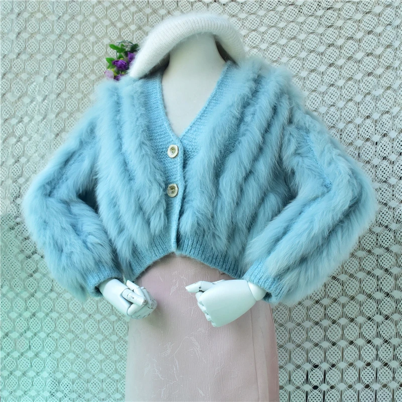Ladies Women Fashion Sky Blue Hairy Fox Fur Striped Mohair Wool Knitted V-Neck Short Style Crop Top Losoe Cardigans Sweater Coat
Ladies Women Fashion Sky Blue Hairy Fox Fur Striped Mohair Wool Knitted V-Neck Short Style Crop Top Losoe Cardigans Sweater Coat