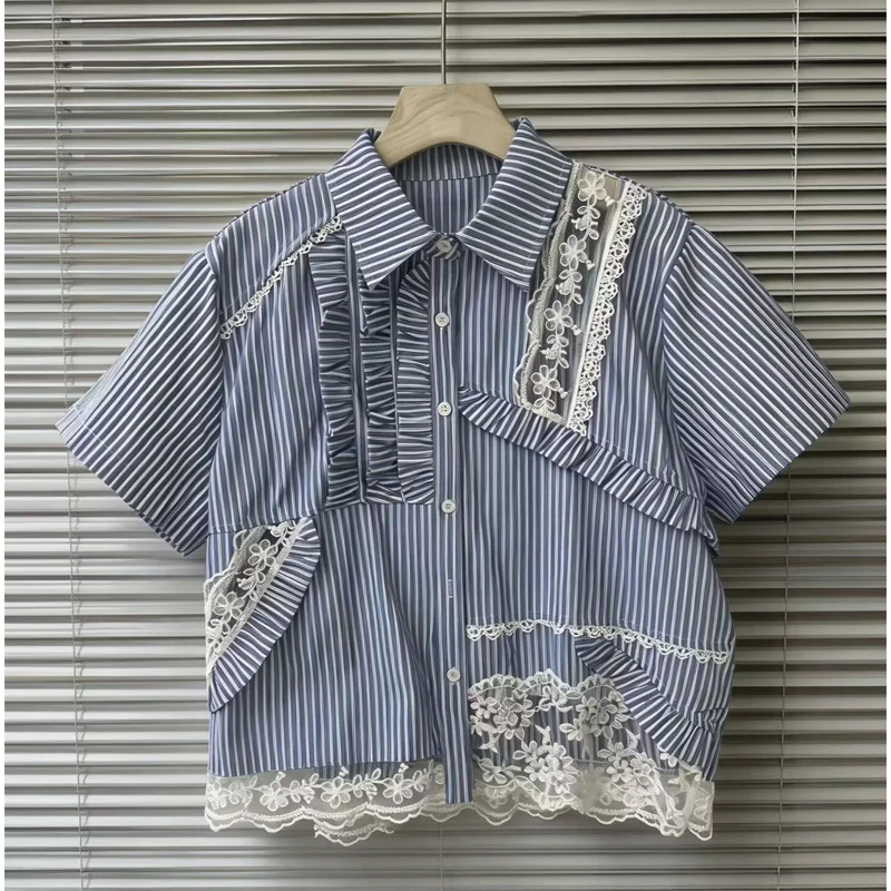Summer New Women's Striped Shirt Short Sleeve Loose Embroidered Lace Patchwork Wooden Ear Flip Collar Breathable Casual Style
Summer New Women's Striped Shirt Short Sleeve Loose Embroidered Lace Patchwork Wooden Ear Flip Collar Breathable Casual Style