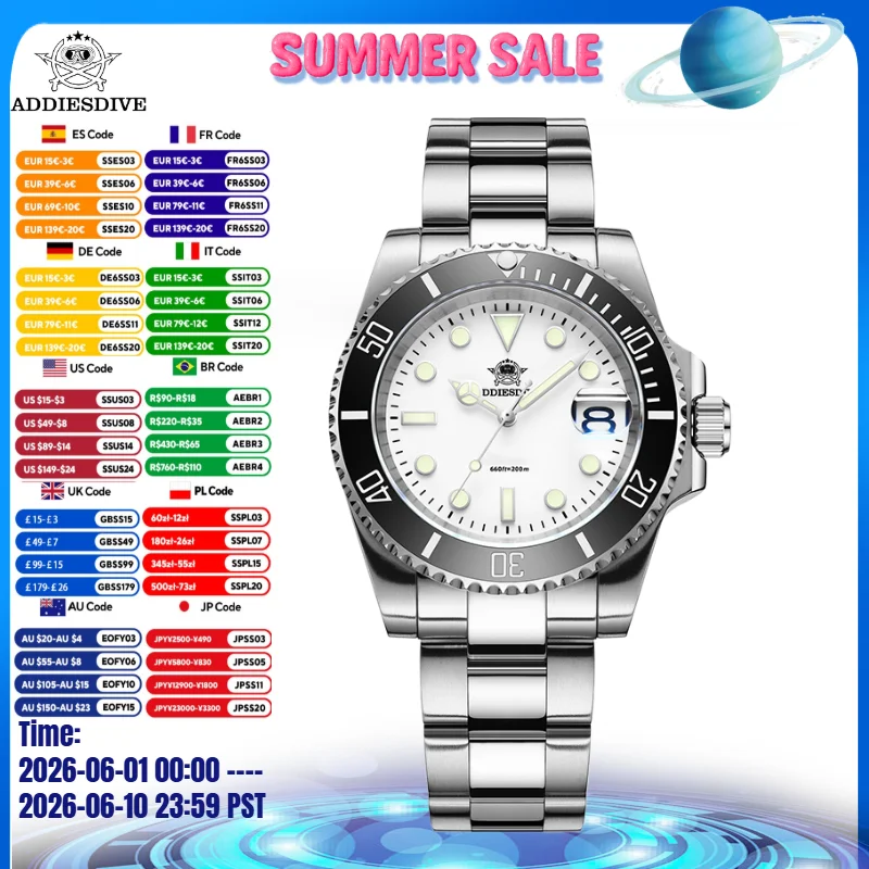 ADDIESDIVE Hot Sale Men Fashion Watch Calendar Display 316L Stainless Steel 20Bar Diver BGW9 Luminous reloj hombre Quartz Watch
ADDIESDIVE Hot Sale Men Fashion Watch Calendar Display 316L Stainless Steel 20Bar Diver BGW9 Luminous reloj hombre Quartz Watch