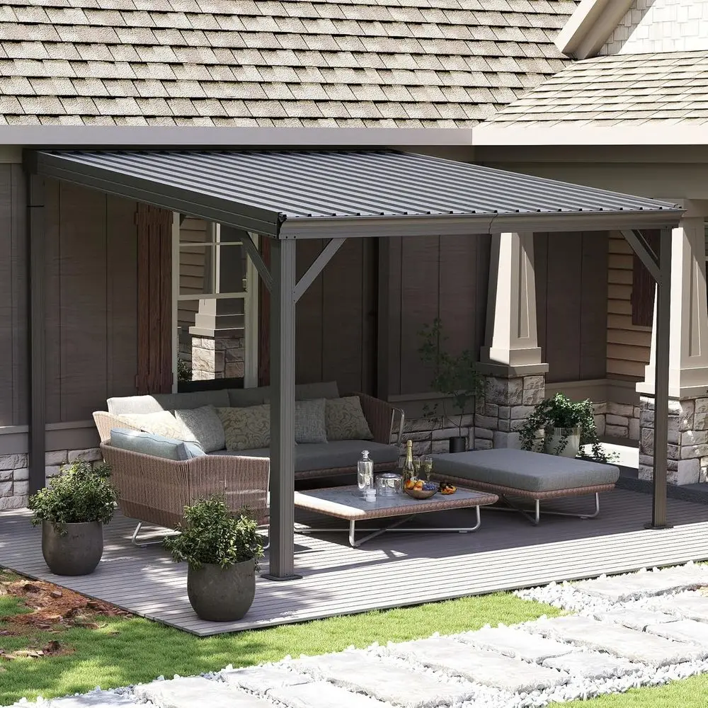 10'x10' Hardtop Wall-Mounted Pergola Gazebo with Sloping Steel Roof and Drainage System, Outdoor Metal Shelter for Patio Deck, G
10'x10' Hardtop Wall-Mounted Pergola Gazebo with Sloping Steel Roof and Drainage System, Outdoor Metal Shelter for Patio Deck, G