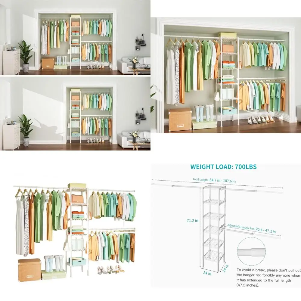 6-Tier Heavy-Duty Metal Closet Organizer with 3 Expandable Hangers, Wall-Mounted for 5.4-8.7 ft, 71.2”H x 14”D, 700lbs Capacity,
6-Tier Heavy-Duty Metal Closet Organizer with 3 Expandable Hangers, Wall-Mounted for 5.4-8.7 ft, 71.2”H x 14”D, 700lbs Capacity,