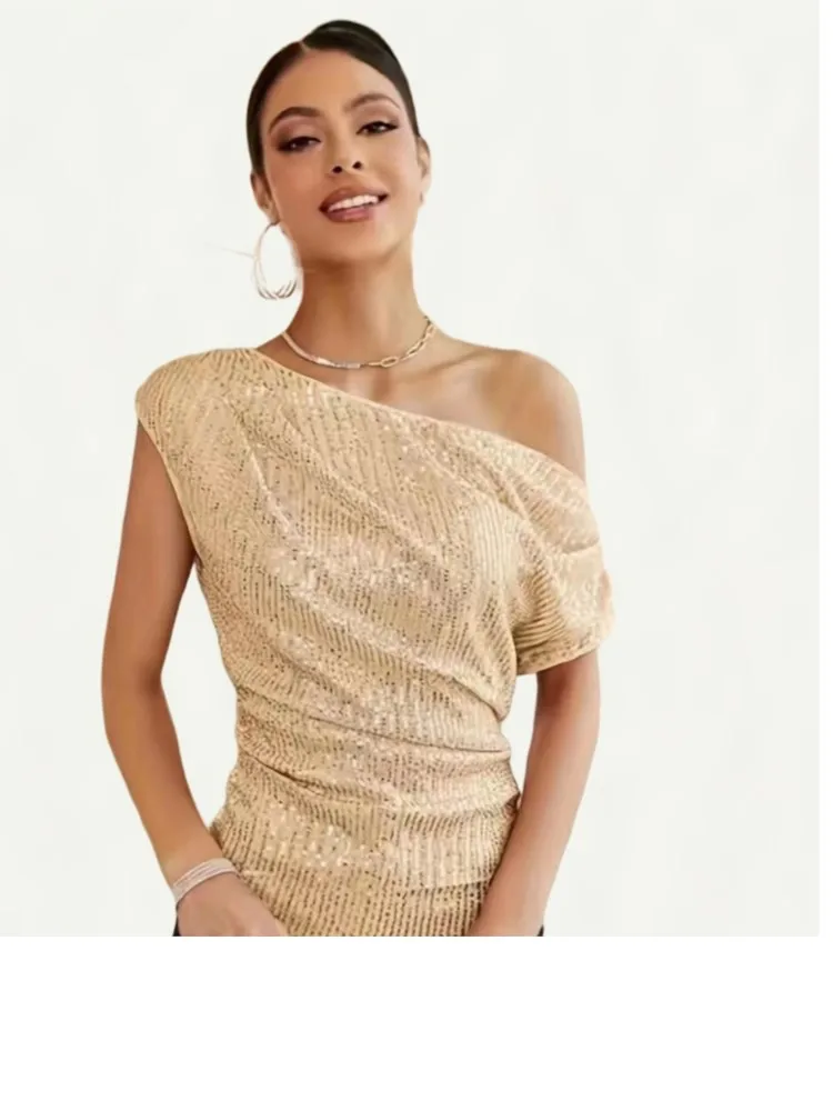 2025 Summer Blusas T Shirt Tees Tops Women's Clothing Sequin Slant Collar Casual Temperament Tighten The Waist Solid Color Silm
2025 Summer Blusas T Shirt Tees Tops Women's Clothing Sequin Slant Collar Casual Temperament Tighten The Waist Solid Color Silm