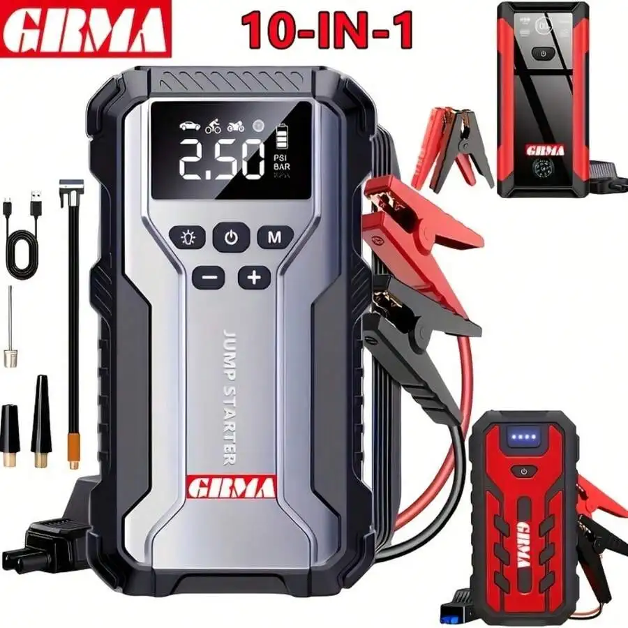 10-In-1 Compact Emergency Jump Starter With 150 PSI Digital Tire Inflator, Battery Charger For Gas Cars Up To 2.64 Gallons
10-In-1 Compact Emergency Jump Starter With 150 PSI Digital Tire Inflator, Battery Charger For Gas Cars Up To 2.64 Gallons