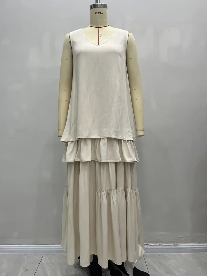 Bohemian Style Sleeveless V-Neck Layered Long Dress, Suitable for Women's Vacation Style, Casual Loose Oversized Beige Dress
Bohemian Style Sleeveless V-Neck Layered Long Dress, Suitable for Women's Vacation Style, Casual Loose Oversized Beige Dress