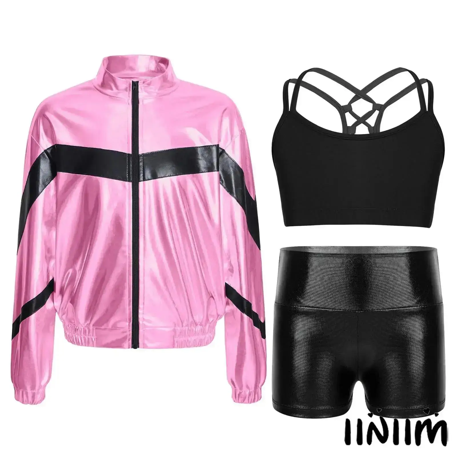 Kids Girls Jazz Dance Suit Stand Collar Zipper Metallic Jacket with Spaghetti Straps Crop Top Shiny Shorts Hip-Hop Sports Suit
Kids Girls Jazz Dance Suit Stand Collar Zipper Metallic Jacket with Spaghetti Straps Crop Top Shiny Shorts Hip-Hop Sports Suit