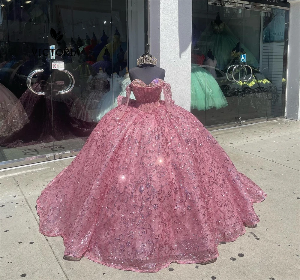 Designer Three Quarter Sleeve Quinceanera Dresses Pink Shinny Off The Shoulder Ball Gown Sweet Sixteen Dress Wedding Gowns
Designer Three Quarter Sleeve Quinceanera Dresses Pink Shinny Off The Shoulder Ball Gown Sweet Sixteen Dress Wedding Gowns
